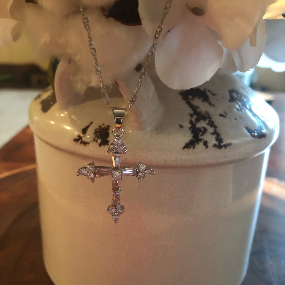 Pink and Silver Cross Necklace with Bag